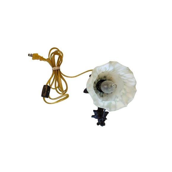 Vtg Bronze Cherub Small Lamp Blue Blown Glass Shade Tiffany Style - Picture 7 of 10